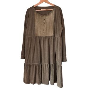 Lucky Brand Olive Green Pintuck Tiered Henley Dress Size XXL Long Sleeve Cotton